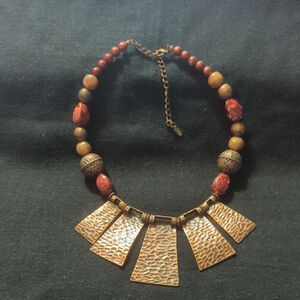 VCLM Copper Tone Red Brown Beaded Hammered Chunky Bib Style Statement Necklace